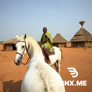 Une image d'un Bariba du nord Bénin sur un cheval blanc avec une flèche accroché à son dos, en arrière plan on aperçoit des constructions en terre battue coiffée de raphia