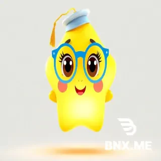 "3D animated character, cute golden yellow star with soft white gradient glow, name Lumi. Features: oversized round baby-blue glasses slightly crooked, tiny tilted graduation cap with dangling gold tassel, big round brown eyes with long eyelashes and shiny catchlights, rosy pink cheeks that glow, small heart-shaped smile, short chubby arms with rounded fingers, stubby legs with tiny toes. Character floats with gentle bounce, playful wiggle when excited, curious wide-eyed expression. Pixar/Illumination style, soft volumetric rim lighting, vibrant preschool colors, glossy textures, high detail, 8k resolution, bright cheerful expression, white isolated background with soft drop shadow for PNG transparency, front-facing 3/4 view."