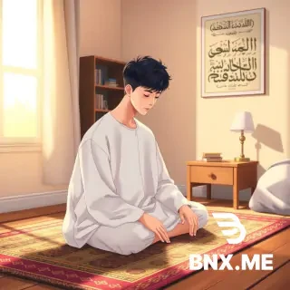 Anime style, adult Muslim boy with a stylish Korean haircut (two-block cut with slightly wispy bangs), wearing a clean white thobe or loose shirt and pants. He is sitting on a colorful prayer mat in his cozy bedroom, in a praying position (sajdah) with his forehead touching the mat, hands placed flat. Soft golden sunlight streams through a window beside him. On the wall, there is Arabic calligraphy art. A small bookshelf and a lamp on a bedside table. Warm, peaceful atmosphere, gentle shadows, high quality, anime art style, clean lines, soft colors."