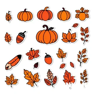 A 4x4 grid sticker sheet, 16 individual die-cut stickers arranged on a pristine white background, separated by crisp white space, clean cut lines, isolated elements, high resolution, flat vector illustration style. All elements arranged in a cohesive cluster with no large gaps between motifs.  The theme is an autumn, pumpkin, acorn, mushroom,falling leaves and animails: Minimalist line art  main elements colored in （C60/M30/Y80/K50）, secondary accents in （C0/M75/Y80/K30）, （C30/M60/Y70/K70）  Clean composition, centered object. 8k resolution, hyper-detailed, professional color grading. White border around each sticker.  Image size: 3500 x 3500 pixels, 300 DPI. --ar 1:1