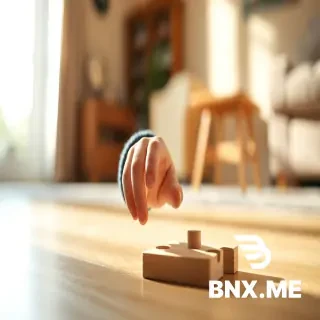 Candid, high-quality lifestyle photography of a 2-year-old toddler’s hand reaching for a bright wooden puzzle piece on a sunlit floor. Soft natural morning light, shallow depth of field, blurred warm home background. Focus on the toddler's concentration and the delicate pincer grasp. Cinematic lighting, warm domestic atmosphere, 8k resolution, captured on 35mm lens.
