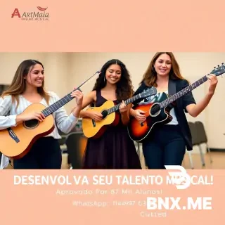 Crie um banner horizontal que possa ser reajustado para as medidas 2048x700. Imagem Sugerida:  Pessoas bonitas com roupas modernas e coloridas tocando violão acústico e guitarra elétrica com alegria em uma sala de música da "ArtMaia Ensino Musical". A imagem deve ser bem iluminada com tonalidades de fundo claras em tons de cinza claro e creme claro. A imagem deve conter a seguinte frase em destaque: "DESENVOLVA SEU TALENTO MUSICAL!", e também deverá ter as seguintes informações em destaque: "Aprovado Por 67 Mil Alunos!", "WhatsApp: (11) 94497 6832". A imagem deverá ter apenas os textos que informei acima.
