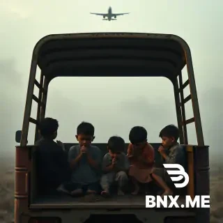 A realistic cinematic scene: children sitting in the back of an old truck, hands clasped in prayer, a distant military plane circling in the sky above, thick fog rolling in from below and wrapping the truck like a blanket, tense and somber atmosphere, soft diffused lighting, detailed, 8k --ar 16:9 --style raw