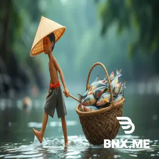 a tribe boy pulled basket filled with big fish , BG river side area .