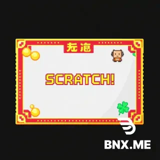 A pixel art scratch card lottery ticket design, titled "刮个爽". The card has a vivid red and gold border, with a central silver scratch-off area that has "SCRATCH!" written on it in retro pixel font. Surrounding the scratch area are pixel icons of gold coins, a tiny cute robot, and a four-leaf clover. The overall style mimics a 16-bit game asset, with a black isolated background. Crisp pixels, vibrant game palette, nostalgic, game UI element.