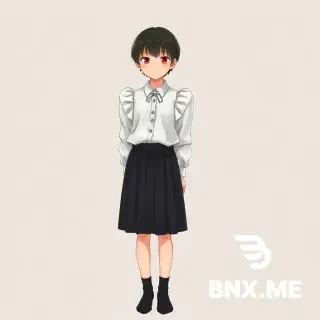 A full-length, realistic image of a Japanese boy wearing a white satin blouse with puffy shoulders, a short black pleated skirt, and thin black ankle socks, standing in a room with a feminine and shy pose.