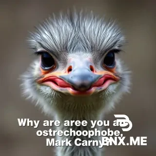 High definition photo of a close-up of an ostrich face with the words, "Why are you an ostrichophobe, Mark Carney?" written at the bottom.