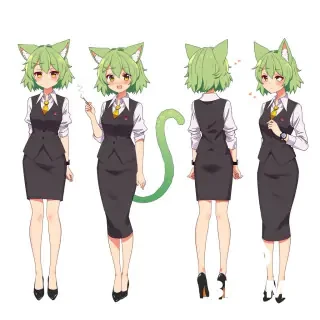 anime character sheet, full body, front view, back view, side view, female office worker, light green messy medium hair, large ahoge, green cat ears, fluffy green cat tail, brown sleepy eyes, mole under left eye, catlike smile, white dress shirt, dark grey vest, dark grey pencil skirt, black heels, thin cigarette in hand, fish pendant necklace, wristwatch, expression sheet, white background, high quality, detailed --ar 3:4