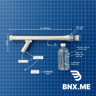 Compact technical blueprint of a homemade water blaster toy. White lines on dark blue grid background. Side view only. Clean, simple, organized layout.  Dimensions clearly labeled: - Main pipe: 25cm long, 27mm diameter (galvanized steel) - Stock pipe: 17.3cm long, 27mm diameter (galvanized steel) - Stock pipe is zip-tied UNDERNEATH the main pipe - Nozzle: plastic bottle cap with 2.6mm hole - Hose: 6mm diameter clear tube, 30cm long - Cola bottle: 2-liter (water tank) - Schrader valve: bicycle tire valve on rear end  Labels placed neatly with lines pointing to parts: 1. MAIN PIPE 25cm - pressure chamber 2. STOCK 17.3cm - shoulder support 3. BALL VALVE - trigger release 4. NOZZLE 2.6mm - water outlet 5. HOSE 6mm - connects to bottle 6. COLA BOTTLE 2L - water tank 7. SCHRADER VALVE - pump air here 8. CLAMP - close before pumping 9. ZIP-TIES - attach stock 10. WOODEN PLUGS - seal ends 11. SAFETY BOLTS - lock plugs  Rear plug has two holes: 6mm (hose) and 8mm (Schrader valve). Front plug has one hole: 6mm (nozzle hose).  Parts list in bottom right corner. Scale 1:1. Engineering drawing style. Precise lines. Clean layout. Compact design.