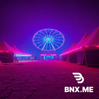Wide establishing shot of a dusty 1930s traveling carnival at midnight, abandoned fairgrounds. Primary colors: blazing magenta and deep indigo dominate the scene. Secondary accents: glowing cyan neon lining the rides. A colossal Ferris wheel stands center-frame, its spokes burning magenta against an indigo void of a sky. Canvas circus tents glow from within with pulsating indigo light. The dry, cracked earth reflects the neon like a vaporwave mirror-floor. Retro synthwave aesthetic meets dust bowl gothic. Cinematic anamorphic shot, dramatic low-angle, heavy atmosphere, eerie stillness, nostalgic melancholy, hyper-detailed, volumetric fog, 8k, photorealistic --ar 2:3 --v 6.0