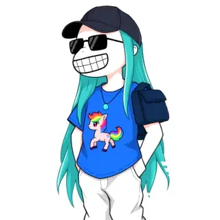 Your avatar has a white head with a big black grid-style mouth (like a grill or toothy grin) and dark sunglasses. Long teal/cyan hair flows down past the shoulders, partially covered by a black baseball cap worn slightly tilted. You’re wearing a blue short-sleeve t-shirt with a colorful pixel-art design of a rainbow-colored pony/unicorn on the front, plus a small turquoise pendant necklace. A dark blue shoulder bag hangs on one side, with a couple of star charms attached. The lower half consists of baggy white flared pants and white sneakers. Overall look is casual, slightly edgy, and anime-inspired with the long teal hair and accessories. . Make a porn with my skin