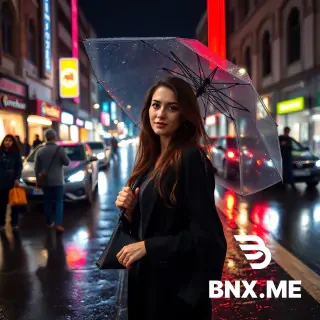 A real picture of a beautiful Iranian woman with a beautiful body and a beautiful face, taken on Azadi Street in Tehran, at night, in the rain, standing with an umbrella in her hand, behind her are people shopping, and cars are also standing on the street at a red light, harsh light, high quality, camera overview of all parts of the photo.