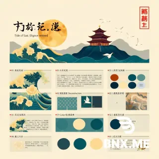 competition presentation board for digital pattern design, vertical 9:16 layout, clean warm cream‑beige background, 10 modular content sections arranged neatly, modern Chinese guochao national‑chao aesthetic, luxurious dark‑blue‑teal, golden‑gilded, earth‑brown color palette.  Top large hero banner area: grand traditional Chinese landscape illustration, rolling gilded ocean wave patterns, peony flowers, ancient Chinese pavilion building, layered distant mountains, full golden‑brass round moon, flying white cranes, gold foil texture, flowing gilded line art, deep indigo‑blue gradient sky. Large elegant serif title text "Tide of East, Elegance Renewed", subtitle "Digital Pattern Design Entry", small red Chinese seal stamp decoration on upper right corner.  Section 01 Pattern Deconstruction: title text "01 Pattern Deconstruction", text description, small icon set of Chinese decorative motifs‑cloud pattern, ocean wave, mountain, peony flower, flying crane, ancient pavilion; collage of element‑extraction sketches and reference landscape artwork.  Section 02 Color Palette: title text "02 Color Palette", 6 circular color swatches: deep ocean blue, teal, sand gold, earth chestnut brown, ivory off‑white; thin wavy decorative line graphics below swatches.  Section 03 Auxiliary Graphic Library: title text "03 Auxiliary Graphic Library", grid collection of line‑art vector decorative elements: knot ornament, wave, mountain, peony, crane, pavilion, border lace patterns, thin golden outline.  Section 04 Poster Series: title text "04 Poster Series", four vertical poster mock‑ups arranged side‑by‑side, each poster printed with the same mountain‑wave‑peony‑crane guochao illustration.  Section 05 UI Design: title text "05 UI Design", mock‑up of smartphone screen and smart‑watch screen displaying the pattern artwork, four small circular UI icon thumbnails below devices.  Section 06 Long Scroll Illustration: title text "06 Long Scroll Illustration", vertical Chinese hand‑scroll painting mock‑up with roller borders, filled with the landscape pattern.  Section 07 Cultural Creative Derivatives: title text "07 Cultural Creative Derivatives", product mock‑up cluster: key‑chains, tassel ornaments, folding paper fan, ceramic mugs, notebook covers printed with the pattern.  Section 08 Gift Box Packaging: title text "08 Gift Box Packaging", opened luxury gift‑box mock‑up, box surface printed with blue‑gold national‑chao pattern.  Section 09 Fabric Swatches: title text "09 Fabric Swatches", stacked rolled textile‑fabric samples showing the printed pattern texture.  Section 10 Craft Details: title text "10 Craft Details", three small image tiles showing craft texture effects: foil stamping, embroidery, screen printing texture samples.  Bottom footer bar: small English text slogan, thin golden wavy dividing line along bottom edge.  Whole board: minimalist layout, clear dividing space between each module, high‑end academic competition presentation, photorealistic mock‑up render, 8K, ultra‑detailed, soft lighting, no messy distortion, readable layout, graphic‑design portfolio board, do NOT mangle text content, clean typography
