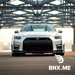 Nissan GT-R R35, wide body, large front grille intake, LED DRLs off, extreme low suspension. Camera at bumper height, directly facing car. Background: steel bridge structure and river below. Early morning mist, soft diffused light, no bright sun.
