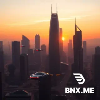 a futuristic city skyline at sunset with flying cars