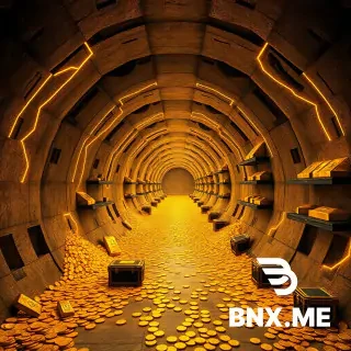 An endless techno tunnel made of concrete, filled with gold and treasures, walls sparkling with gold veins in the light of torches, the ground strewn with coins and chests of jewelry. Shelves with gold bars are located along the walls. The frontal point of view in the center of the tunnel.