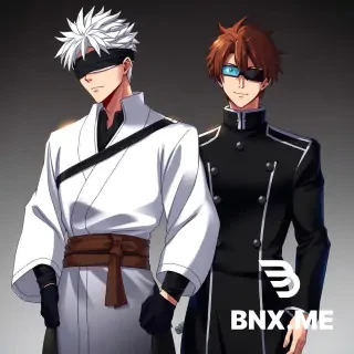 Satoru Gojo from Jujutsu Kaisen wearing Aizen Sosuke's white captain haori and black uniform from Bleach, with Aizen's brown sash and gloves, Gojo's white hair and blindfold not removed, hiding his six eyes, standing confidently, anime style, detailed clothing swap, dynamic pose, high quality, full body, vibrant colors, manga aesthetic, epic atmosphere. Aizen Sosuke from Bleach wearing Satoru Gojo's black high-collared uniform and blindfold, with Aizen's brown hair styled like himself smirking confidently, anime art style, outfit swap, detailed shading, full body portrait, cinematic lighting, 4k quality, fan art style.Satoru Gojo and Aizen Sosuke standing next to next, Gojo wearing Aizen's white captain coat, Aizen wearing Gojo's black blindfold uniform, both anime characters, outfit exchange, epic battle-freindly pose, vibrant anime colors, aizen's glasses on his eyes with his brown hairs