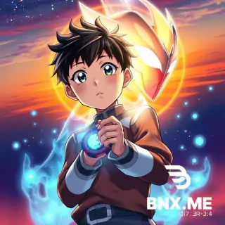 Prompt：Japanese light novel cover, anime illustration style. A young anime boy with a look of longing, holding the Evoltruster (Nexus transformation device) tightly in his hand, a giant translucent illusion of Ultraman Nexus appearing behind him. Background is a sunset glow fading into a starry night, blue light particles surrounding the boy. Vibrant colors, exquisite lighting, strong anime atmosphere. --ar 3:4