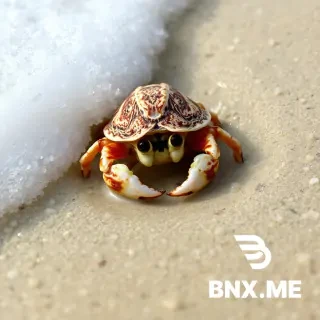Close-up photograph of a hermit crab nestled in wet sand, with sea foam nearby and the details of its shell and texture of the sand accentuated.