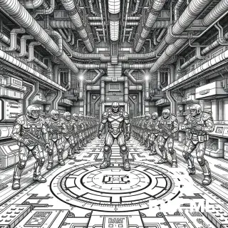 Create a HIGH-COMPLEXITY, INTRICATE coloring book page based on the game DOOM (1993) in US Letter format (8.5" x 11") with a 0.125-inch bleed (full bleed).  **Level:** E1M1 - Hangar  **Scene:** A massive, sprawling UAC space hangar on the Martian moon. The space marine hero stands in the center, surrounded by complex mechanical girders, pipeline networks, and control panels covered in tiny switches, buttons, and dials. A squad of 4-5 Zombiemen advances toward him, their armor covered in repeating rivet patterns and tech-grid textures. The hangar floor features a large, geometric UAC logo with concentric ring patterns. The background is filled with layered structures: catwalks, crane arms, suspended cargo containers, and ventilation grates. Emergency strobe lights flash with intricate ray patterns.  **Enemy Details:** - Zombiemen: detailed military gear with panel lines, buckle patterns, and helmet visor grids - Each zombie has a unique uniform texture (one with cross-hatch camouflage, one with dotted fabric, one with striped armor plates) - Weapons feature intricate sight grooves, barrel ridges, and ammo-belt details  **Environmental Details:** - Ceiling: dense network of pipes with spiral joints, cable bundles with wire textures, and support beams with rivet rows - Walls: layered metal panels with screw details, warning stripes, and radiation trefoil symbols - Floor: interlocking diamond-plate tiles with grip-texture patterns - Background: stacked cargo crates with wood-grain or metal-rib textures, medkits with cross-hatched red cross areas (outlined, not filled)  **Composition:** - Slightly elevated worm's-eye perspective emphasizing the scale of the hangar - Hero positioned slightly left of center, creating asymmetrical balance - Depth of field: foreground (hero), midground (Zombiemen), background (hangar architecture) - Negative space minimized – every area filled with pattern or structural detail  **Art Style:** - Black and white line art ONLY – black outlines on white background - INTENSE DETAIL: fine lines (1 pt) for patterns, medium lines (2 pt) for secondary elements, thick lines (4 pt) for outer contours - No shading – use line density and pattern complexity for visual interest - Cross-hatching-inspired textures (grids, dots, zigzags, spirals, concentric circles) - Mandala-like tech patterns on control panels and floor designs - Stippling (dot work) for certain textures (grit, sand, rust) - All lines must be continuous, clean, without breaks  **Complexity Requirements:** - Minimum 15 different pattern types used throughout the page - At least 5 distinct texture zones (floor, walls, ceiling, enemies, hero) - Each enemy has at least 3 different pattern areas on their body - Control panels must have at least 20 individual button/dial details - The UAC logo must contain at least 5 concentric ring layers  **Format Requirements:** - US Letter portrait (8.5" x 11") with 0.125" bleed on all sides - Safe area: 8.25" x 10.75" – all important content within this zone - No text, captions, or frames – only the illustration - Ready for Amazon KDP printing  Generate a complete, highly detailed, print-ready coloring book page meeting ALL the above specifications. This is for advanced colorists aged 13-15.