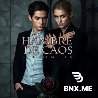 Wattpad book cover, vertical 512x800 pixels, dark gothic elegant aesthetic. Joseph Morgan as Klaus Mikaelson and Lily Collins as a young vampire woman, standing together, his hand possessively on her shoulder, her hand covering his, intense dangerous gazes. A single black rose with blood-red center at their feet. Cracked marble and wrought iron background. At the top center, the exact title "HAMBRE DE CAOS" in elegant silver serif letters with subtle red glow. No other text. Color palette: black, burgundy, silver. Photorealistic, 8k.