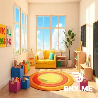 "3D animated interior scene, a warm sunny playroom with large windows showing a bright blue sky with fluffy clouds, colorful alphabet and number posters on the walls, a cozy rainbow-colored round rug in the center, brightly colored toy bins filled with wooden blocks and stuffed animals, a soft yellow sofa with cloud-shaped pillows, a low wooden table with crayons and paper scattered on it, a large potted plant in the corner, a chalkboard wall with colorful chalk drawings, warm soft lighting, Pixar/Illumination style, vibrant preschool colors, high detail, 8k resolution."