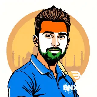 Indian cricket fan avatar, half face portrait, face painted with Indian flag colors orange white green, wearing blue cricket jersey, cricket bat over shoulder, subtle Taj Mahal silhouette in background, circular frame, modern illustration style, bold outlines, vibrant, patriotic, profile picture --ar 1:1