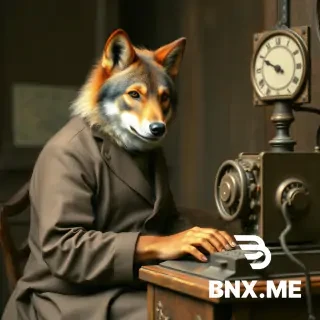 a wolf dressed up as a telegraph operator, operating a telegraph machine