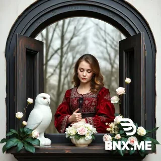 Нарисуй деревянное окно черного цвета с резными створками и наличниками, в русском народном стиле, в окне видно красивую худую девушку по пояс, с двумя большими белыми косами, жемчужные большие серьги, жемчужные и бриллиантовые бусы на шее, жемчужные браслеты, в белом большом фигурном кокошнике с драгоценными белыми камнями и жемчугом, белая фата, в пышном свадебном платье, с серьездным лицом и большими красными губами, белый маникюр, в черных солнцезащитных очках в виде сердечек, одна рука держит бокал шампанского, вторая рука лежит на подоконнике и держит свадебный букет из белых роз , на этом же подоконнике стоит маленькая белая сумочка, коробочка белая коробочка с золотым кольцом с брильянтом - все элементы лежат на подоконнике. акварельный рисунок на белом фоне, высокая детализация и контрастность картинки, соотношение сторон 9:16