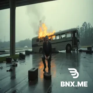 A desolate, rain-soaked highway underpass in Alabama, 1956. The scene is one of utter devastation—a Greyhound bus lies broken and shattered against a bridge abutment, its two halves spun apart, one section engulfed in flames that hiss and sputter against the relentless rain. The asphalt is slick with water, scattered with the debris of disaster: suitcases burst open, clothing strewn across the pavement, personal effects crushed and broken. The air is thick with smoke, the smell of burning diesel, and the metallic tang of blood. The scene captures the moment of Paul Edgecombe's greatest loss—and the terrible truth he will carry for the rest of his life.  In the center foreground, PAUL EDGECOMBE (64 years old, Caucasian, Tom Hanks-type aged with gray hair and deeper lines, kind weary eyes now shattered with grief, wearing a 1950s-style suit jacket and slacks, soaked through with rain) kneels on the wet pavement, his body hunched over the form of his wife. His hands are outstretched, one resting on her shoulder, the other hovering near her face. His expression is one of raw, unbearable anguish—his mouth open in a silent scream, his eyes wide with horror and disbelief. Rain streams down his face, mingling with his tears. His suit is soaked, his hair plastered to his skull. He has just screamed for help, and no one has come.  On the pavement before him lies JANICE EDGECOMBE (59 years old, Caucasian, Bonnie Hunt-type aged gracefully, warm kind face now slack and lifeless, dark hair streaked with gray and matted with blood, wearing a red dress—her second-best, saved for graduation) in a crumpled heap. Her body trembles with the last shivers of life, one shoe missing, her foot jittering. Her eyes are open but blank, the left one full of blood. The back of her head is crushed, blood pouring from the wound, pooling on the wet pavement. Beside her trembling hand lies a piece of chromed steel reading "GREY," and part of what had once been a businessman in a brown suit. Rain continues to fall on her still form, the droplets mixing with the blood and spreading in dark rivulets.  In the background, partially visible in the shadows of the underpass, a massive, shadowy figure stands—JOHN COFFEY (vision/apparition, African American, massive 6'6"–6'8" build, Michael Clarke Duncan-type, broad expressive face now a shadow of itself, large sad eyes watching with silent sorrow, very short dark close-cropped hair, wearing what appears to be a prison-issue denim uniform, barefoot) is barely visible in the darkness beneath the bridge. He is a silhouette, a ghostly presence—rain on his face mixing with his endless tears. His arms hang loose at his sides, his body still and watching. He is there, and then he is gone—a trick of the eye, or something more. The shadows swallow him, leaving only the suggestion of his presence.  The wreckage surrounds them: the twisted metal of the bus, the shattered windows, the scattered suitcases and personal effects. A boy of about thirteen lies dead nearby, his P.F. Flyers visible, half his face gone. A severed hand with a garnet ring lies on the pavement. A bloody teddy bear, a pair of shattered glasses, an alarm clock—all the debris of lives abruptly ended. The fertilizer truck that broadsided them lies overturned nearby, its cargo spilling across the asphalt. The rain falls in sheets, relentless and unforgiving, beating down on the scene of devastation. The burning diesel hisses and spits, casting an orange glow on the wet pavement.  The composition is vast and devastating: Paul and Janice dominate the foreground, their tragedy centered in the frame. The wreckage stretches out behind them, a landscape of loss. The underpass looms in the background, its shadows suggesting the presence of John Coffey, a silent witness to the cruelty of fate. The rain creates a curtain of water, blurring the edges of the scene and emphasizing the isolation of the moment. The burning bus casts an orange glow on the scene, contrasting with the gray of the rain and the dark of the asphalt.  Every element speaks of loss and the terrible randomness of fate: the shattered bus, the scattered belongings, the dead boy, the severed hand, the burning diesel, and the vision of John Coffey in the shadows—a reminder of the miracle that saved Paul, but could not save his wife. The atmosphere is one of profound despair—Paul has been spared, but at the cost of everything he loved.  In the transition, the visual should flow naturally to the next moment: Janice dies in Paul's arms—no final awareness, no whispered declaration, just a shivery clench in her flesh, and she is gone. Paul puts his wife's mangled head down on the wet pavement and stands easily, only a small cut on his left hand. He screams John's name into the underpass, asking where he is. He walks toward the shadows, kicking aside the debris, demanding to know why John saved Hal's wife but not his. No answer comes—only burning diesel and burning bodies, only rain falling ceaselessly on the cement, his wife dead on the road behind him. Standing in that Alabama rain, amid the spilled luggage and the ruined dead, looking for a man who wasn't there, Paul learns a terrible truth: sometimes there is absolutely no difference at all between salvation and damnation. The vision of John Coffey fades, and Paul is left alone with his grief.  PERIOD AUTHENTICITY NOTES:  1956 era Greyhound bus (vintage model with chrome trim)  1950s-style clothing: Paul's suit jacket and slacks, Janice's red dress  Period-appropriate debris: P.F. Flyers sneakers, alarm clock, suitcases, personal effects  1950s-era fertilizer truck  Alabama highway and underpass (period infrastructure)  Rain and storm conditions consistent with 1950s weather depiction  Burning diesel fire period-appropriate  Chromed steel lettering ("GREY") consistent with Greyhound bus branding  CINEMATIC INDIRECT DEPICTION NOTES:  The bus crash and its victims are shown through aftermath and debris, not through graphic depiction of the accident  Janice's injuries are suggested through blood and her still form, not through explicit gore  The vision of John Coffey is shown as a shadowy, ghostly presence, partially obscured by darkness and rain  The devastation is conveyed through the scattered debris—suitcases, personal effects, the dead boy partially visible  Paul's grief is shown through posture, tears, and his silent scream, not through exaggerated emotional expression  The "salvation and damnation" theme is conveyed through composition—the burning bus and the rain, the shadow of John Coffey and the body of Janice  The weight of the moment is conveyed through the vastness of the landscape and the isolation of the figures within it  The transition from the vision to reality is suggested through the fading of John's presence into the shadows