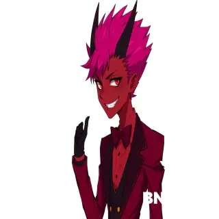 1boy, solo, His hair is bright and vivid red leaning toward magenta, thick and sharp and styled upward, and on top of his head two large and pointed parts like horns are visible that are actually formed from the hair itself. The lower and back parts of the hair are black and several strands of black hair are placed on both sides of his face. His face is elongated and narrow with a delicate jaw and a pointed chin. His skin is dark red leaning toward crimson, he has narrow and sharp red eyes with completely black sclera and his nose is long and narrow. His smile is very wide and distinct and his sharp yellow teeth are visible ___ In terms of body, Alastor is tall and very thin and elongated; relatively narrow shoulders, long arms and legs and his overall body form is delicate and bony. His formal suit also shows this elongated form more A formal and stylish suit with a dark red jacket, a bright red shirt, black pants and a dark red bow tie. He should also be wearing black formal shoes and black gloves. The clothing style should be completely neat, classic and old-fashioned and his appearance should give the feeling of an old and mysterious radio host ____ Alastor is standing with a confident pose in front of the radio desk; his body is slightly leaning to one side. One of his hands is placed on the microphone staff/handle and his other hand is slightly raised in a dramatic manner, as if he is performing a radio program. His head is slightly bent toward the camera and he has the same wide and mysterious smile on his face. His gaze is directly at the camera. _ An old and dark radio studio with the vibe of old decades; dark wooden walls, an old microphone on the desk, warm and dim lights, wooden shelves and several old radio devices around. There should be a soft red and golden light in the space and the environment should look slightly mysterious and stylish
