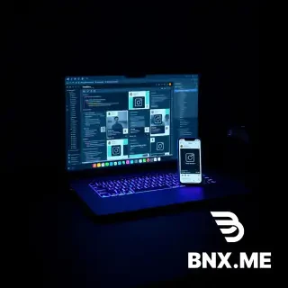 Photorealistic product mockup of a digital shop selling social media templates. Dark modern desk with glowing laptop and smartphone. Laptop screen displays grid of Instagram post templates with code snippets, terminal windows, and UI elements — dark navy background with neon green/cyan accents. Smartphone shows story template. Mechanical keyboard with RGB backlighting (cyan/magenta glow). Minimalist black desk mat. Soft cinematic studio lighting from upper left, dark moody background, shallow depth of field focused on screens. 8K resolution, highly detailed, product photography style, moody tech aesthetic.  Aspect ratio suggestion: 16:9 (landscape) or 9:16 (vertical for social)