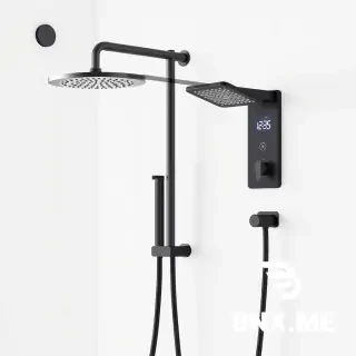 Minimalist black matte piano key thermostatic shower system with LED digital temperature display, rainfall showerhead, handheld shower, wall mounted, pure white background, no text, no logos, professional product photography, modern bathroom fixture, sleek design, 8k resolution, poster style --ar 2:3