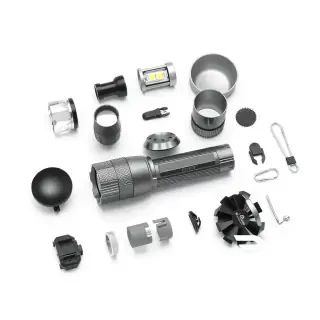 这是我的产品：LED灯泡H4LEDY7迷你灯泡2个    我想生成：  Product explosion view / knolling style disassembly of a high-performance LED flashlight / work light.  Components from top to bottom / left to right:  1. High-definition optical lens (clear convex lens) 2. High-intensity LED bead (model 4575, square shape, yellow emitting surface) 3. High-spotlight reflector cup (smooth parabolic shape, metallic finish) 4. Self-contained secondary reflector cup (removable, textured surface, for flood/spot switching) 5. Aviation aluminum alloy main body (cylindrical with cooling fins, gray anodized) 6. High-speed silent cooling fan (small axial fan, black blades, silver frame) 7. Special buckle / clip (metal spring clip, used to secure the secondary reflector or battery cover)  Layout: White background, evenly lit, high resolution, e-commerce product infographic style. Each part is separated by a small gap, arranged in the order of assembly. No text, no watermark.