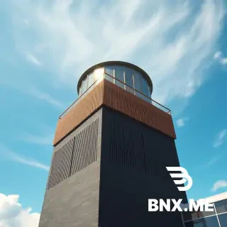 Hyper-realistic architectural close-up exterior view of the air traffic control tower of a new airport in Aleppo, Syria. Side angle, low-to-high perspective.  The tower is designed as a contemporary reinterpretation of a historic Aleppo minaret: a solid square base clad in rough black basalt stone, transitioning into an octagonal middle section with narrow vertical slit windows, and ending in a fully glazed circular lantern room at the top, wrapped in a fine brass-colored metal mesh for sun shading.  At the transition point between the square base and the octagon, there is a small cantilevered balcony with a stone balustrade. The tower stands alone next to the main terminal, connected by a glass bridge. The sky is clear blue with soft white clouds, sharp sunlight casting crisp edges. Architectural detail shot, 8k, photorealistic, competition board quality.--ar 3:2