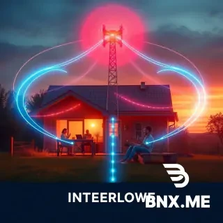 Internet service provider advertisement, cozy countryside home with invisible fast broadband reaching a family working and streaming happily, glowing blue and red connection lines from a central tower, warm sunset tones blended with modern red-blue tech accents, professional layout with space for company name and offer text, photo-realistic, 4k, friendly and trustworthy tone