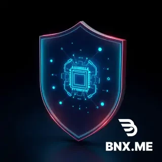 3D isometric glowing cyber shield with central AI microchip, floating encrypted binary particles, dark navy gradient background, minimalist high-tech logo design, 8k, octane render, studio lighting --ar 1:1