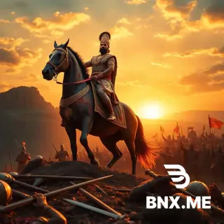 A victorious Chola prince sits astride a majestic war horse atop a rugged hill at sunset. His face, body, and ornate battle attire are stained with splattered blood from recent combat, highlighting the intensity of battle. The prince exudes pride and determination, gazing over the aftermath below: fallen bodies and scattered weapons mark the battlefield, while jubilant soldiers celebrate victory amidst the chaos. The sky is ablaze with warm, golden hues, casting dramatic shadows that enhance the prince’s heroic silhouette. The environment features ancient South Indian terrain and details characteristic of Chola royalty—such as finely wrought golden jewelry and distinctive armor, with realistic textures and high detail for cinematic atmosphere.