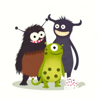 Illustration in flat design style of a diverse family of monsters. The group includes a furry brown monster, a sleek black monster with antennas, a spotted green monster, and a tiny polka-dotted monster, all interacting in a playful environment.