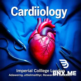 Professional medical poster design, ultra-high quality for printing. Top center: large bold text "Cardiology". Below it: "Imperial College London". Bottom center: "Advancing Healthcare, Research & Education". Background features photorealistic human heart with visible coronary arteries, surrounded by cardiac surgical instruments like scalpel, forceps, needle holders on sterile blue drape. Deep blue and white tones, dramatic surgical lighting, sharp focus, 4k resolution, clean academic conference poster style.