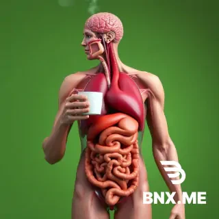 A hyper-realistic 3D cinematic anatomical illustration of a human figure standing against a pure, solid green background. The body has natural external skin, but the entire internal system — brain, lungs, heart, stomach, liver, and intestines — is fully exposed in surreal, medical-style detail. The person is holding a steaming cup of coffee near the lips, as if about to drink. Organs shimmer with natural gloss, precise anatomical textures, and subtle volumetric lighting.