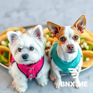a Maltese dog (all white, long hair, fluffy, black eyes and nose, ronded teddy-bear like face) and a Jack Russel dog (all white except brown ears and eye area, a white crridor betweeen the eyes) wearing pretty dog coats in front of a platter of tacos. The two dogs should be same size but very different