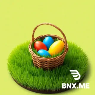 in the style of a unicode emoticon used by the signal messenger  : 3 easter eggs (colored : red, blue, yellow) within a brown basket standing on a circular patch of high green grass, using an isometric perspective