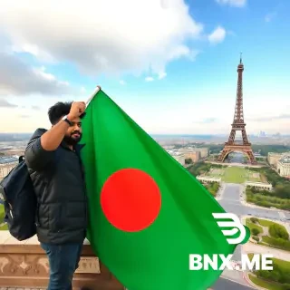 A Bangladeshi guy holding the Bangladeshi flag on the top of the Eiffel Tower