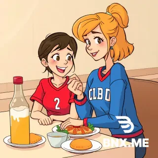 un immagine in stile cartoon, di usn ragazza bio do asui 22 anni, che a tavola con una maglietta scolata fa un ruttino dopo mangiato.?