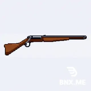 Repeating Carbine: *"8-bit NES pixel art, 16x16 pixels, a long brown rifle with a silver lever action loop under the trigger. Side view. Palette: brown, silver, black. Transparent. Long horizontal rectangle."*