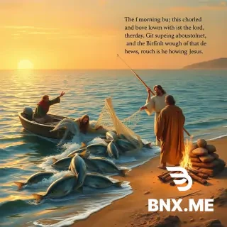 Biblical scene from John chapter 21, early morning on the Sea of Galilee. A small fishing boat is near the shore. Several disciples are struggling to pull a net overflowing with large fish. One disciple (John) points toward the shore and says, "It is the Lord!" Another disciple, Peter, with a look of joyful recognition, wraps his outer tunic around himself and dives headfirst into the shallow water, splashing as he swims toward Jesus. On the shore, a glowing figure in white (Jesus) stands near a charcoal fire with bread and fish. The sky is warm sunrise, golden light, realistic painting style, reverent and dramatic.