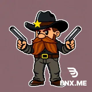 "Authentic 8-bit NES pixel art, extremely low resolution, sprites must be built on a 16x16 or 24x24 pixel grid, chunky visible square pixels, flat shading, no anti-aliasing, no smooth gradients, no blur, strictly limited color palette (max 3 to 4 colors per sprite including outline), retro 1980s arcade aesthetic, transparent background for sprites, 2D side-view, blocky and simplistic geometry, NES hardware limitations style."*Sheriff Clayton (Final Boss): *"8-bit NES pixel art boss sprite, 24x24 pixels. Black cowboy hat, gold star badge (single yellow pixel), long brown mustache, dual-wielding two silver revolvers. Palette: black, brown, yellow, silver. Transparent. Standing pose. Very pixelated, recognizable by the star and hat shape."*