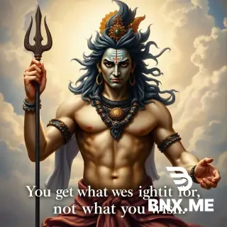 Fierce Lord Shiva depicted in a Renaissance-style fresco painting, powerful sculptural anatomy, intense divine expression, flowing hair and sacred ornaments, celestial background with soft clouds and divine light, dramatic chiaroscuro, pastel color palette of soft blues, violets, ash tones, and warm creams. The quote “You get what you fight for, not what you wish” subtly integrated in elegant classical lettering, fine art, high detail, spiritual intensity.