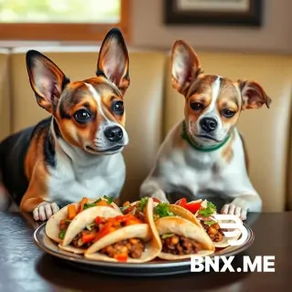 a jack russell terriera jack russel terrier and a maletese dog looking at a platter of tacos